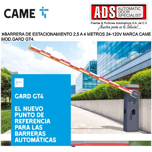 Barrera de Estacionamiento 4 Metros 24-120V Marca CAME MOD.GT4 CAME México - ADS Puertas & Portones Automáticos S.A. de C.V.